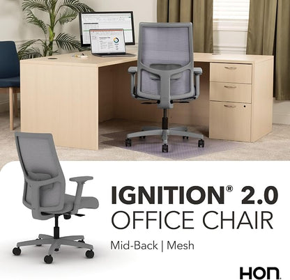 HON Ignition 2.0 Mid‑Back Ergonomic Office Chair, Mesh Task Desk Chair with Lumbar Support, Standard Synchro‑Tilt, Height and Width Adjustable Arms, Titanium Frame, Frost
