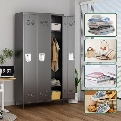 3 Door Metal Lockers for Employees,Heavy-Duty Hooks,72" Secure Storage for Home,Offices,Schools & Gyms | Black