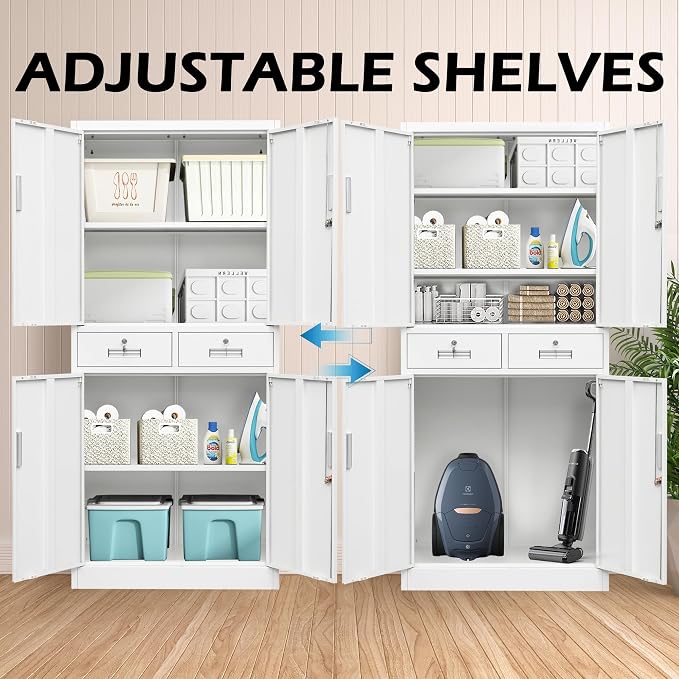CMY Metal Storage Cabinet, 71" H x 32" W x 16" D Locking Cabinet with Adjustable Shelves and 2 Drawers, Steel Storage Cabinet for Office, Garage, Home, School, Utility Room-White