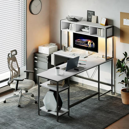 DUMOS 67" L Shaped Gaming Desk, Corner Desks for Compact Spaces with Keyboard Tray & Storage Shelf,Reversible Computer Desk with LED Lighting,Metal Frame PC Gaming Table for Home Office, White