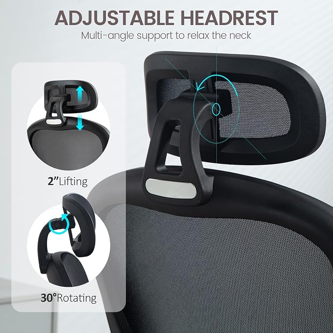 Yilaywain Ergonomic Office Chair, Home Office Desk Chair with Adjustable Headrest, High Back Computer Chair with Armrests and Lumbar Support for Home Office Study Room, Black & Gray (Black)