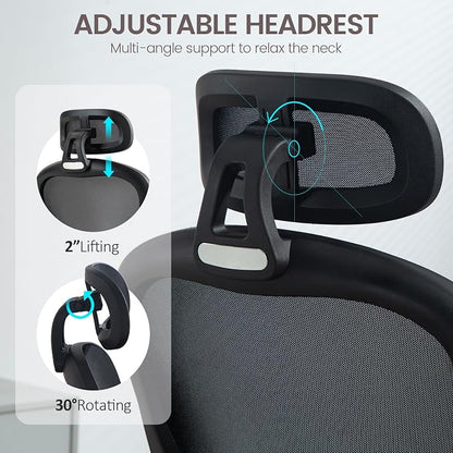 Yilaywain Ergonomic Office Chair, Home Office Desk Chair with Adjustable Headrest, High Back Computer Chair with Armrests and Lumbar Support for Home Office Study Room, Black & Gray (Black)