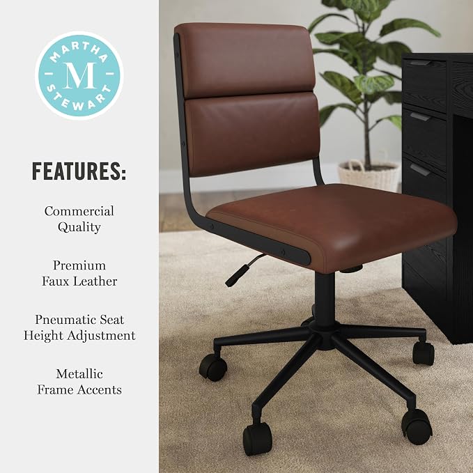 Martha Stewart Lulu Swivel Task Chair with Height Adjustable Seat for Home Office in Saddle Brown Faux Leather with Oil Rubbed Bronze Frame