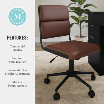 Martha Stewart Lulu Swivel Task Chair with Height Adjustable Seat for Home Office in Saddle Brown Faux Leather with Oil Rubbed Bronze Frame