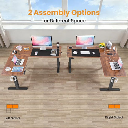 63” L Shaped Standing Desk with Charging Station,Supports Left and Right Swapping,Electric Height Adjustable Corner Stand Up Desk.Free Hook, Lockable Wheels,Mouse Pad,Brown