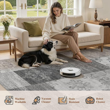 UERMEI 6x9 Area Rug for Living Room - Washable Vintage Carpet, Non-Slip Soft Large Indoor Floor Rugs for Bedroom Home Office & Under Dining Table Decor, Gray Block