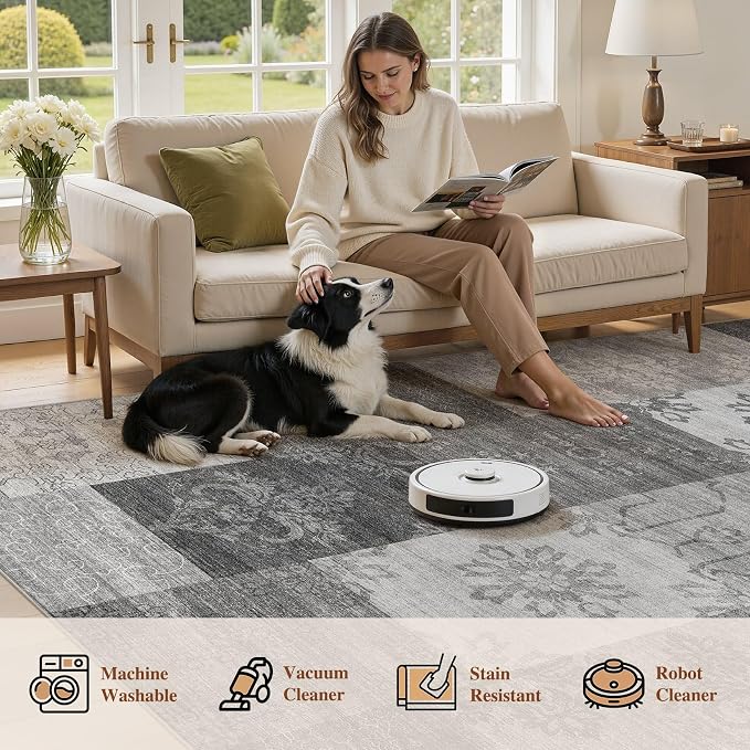 UERMEI 9x12 Area Rug for Living Room - Washable Vintage Carpet, Non-Slip Soft Large Indoor Floor Rugs for Bedroom Home Office & Under Dining Table Decor, Gray Block