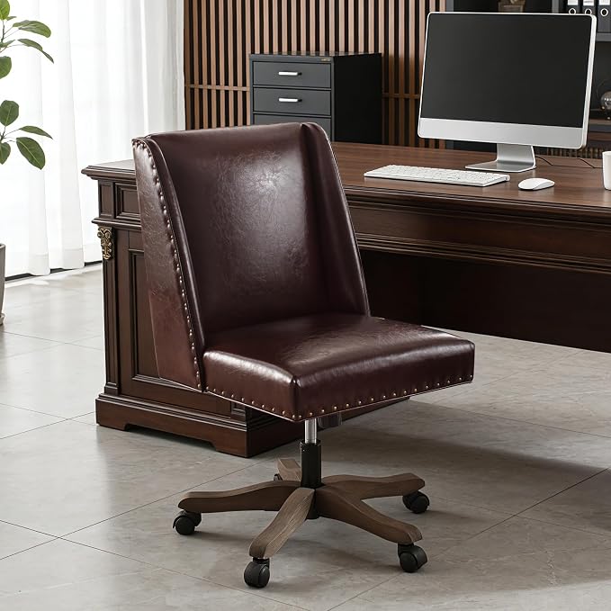 Zihanhome Armless Home Office Chair with Wooden Legs, Modern Leather Upholstered Office Desk Chair No Arms Sewing Chair Adjustable Swivel Desk Chair for Farmhouse Office Study Studio, Reddish