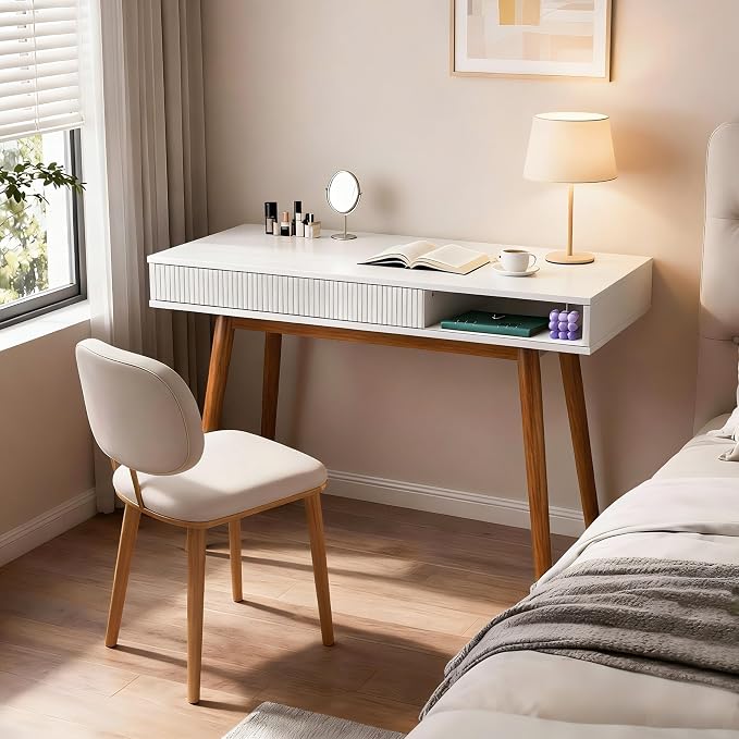 Artswish White Desk with Drawer, Mid Century Modern Writing Desk for Home Office, Small Computer Desk with Storage Shelf & Cable Management Hole, Wood Study Desk for Bedroom, Apartment, Dorm