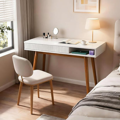 Artswish White Desk with Drawer, Mid Century Modern Writing Desk for Home Office, Small Computer Desk with Storage Shelf & Cable Management Hole, Wood Study Desk for Bedroom, Apartment, Dorm
