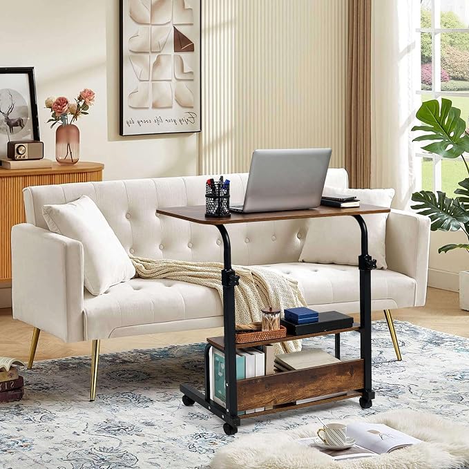 Adjustable Table Student Computer Desk Portable Home Office Furniture Small Spaces Sofa Bedroom Bedside Learn Play Game on Wheels Movable with Storage Size 31.5 * 15.7 in Oak D