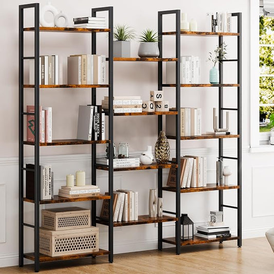 Shintenchi Triple 5 Tier Bookshelf, Industrial Large Bookcase with 14 Open Display Shelves, Large Etagere Bookshelf,Wide Book Shelf Book Case for Home & Office, Brown