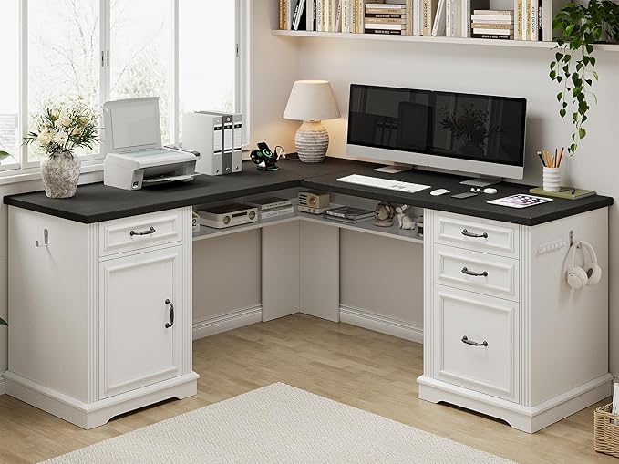 Farmhouse L Shaped Executive Desk with 4 Drawers and Charging Station, Wood Corner Home Office Computer Desk with File Cabinet Storage, Hidden Under Desk Storage Shelf, Headphone Hook - Black+White