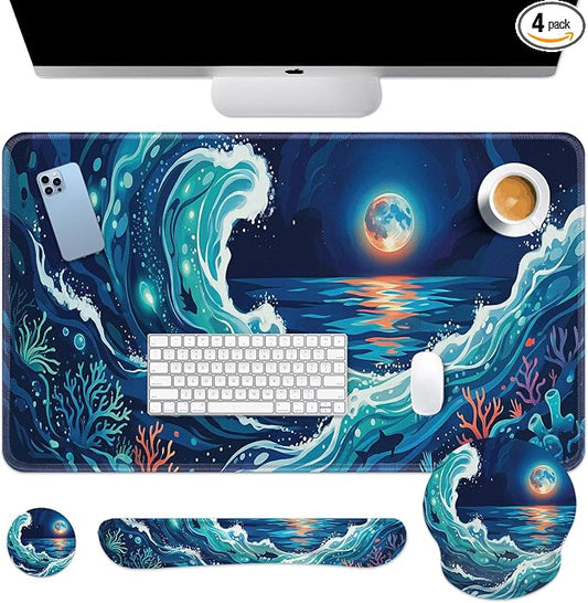 Britimes Moonlight Waves Keyboard Mouse Pad Set Blue Ocean Shark 4in1 Large Mousepad+Keyboard Wrist Rest+Mouse Wrist Rest+Coaster Ergonomic Design for Home Office Computer 35.4x15.7 inches