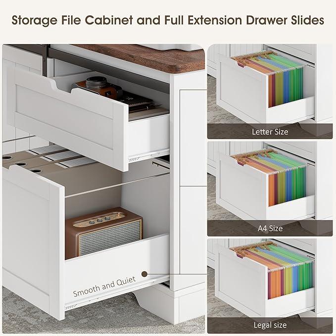 Whalefall 55" Farmhouse L Shaped Standing Desk with Storage Drawers, White | Home Office Electric Remote Work Desk with Cable Management and Deep Filing Cabinet Height Adjustable Corner Desk for Gaming