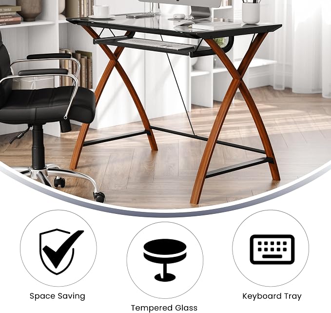 Flash Furniture Jude Tempered Glass Computer Desk with Pull-Out Keyboard Tray and Crisscross Frame, Small Computer Desk for Home Office, Cherry/Clear