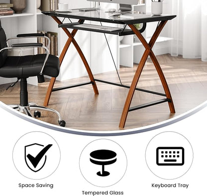 Flash Furniture Jude Tempered Glass Computer Desk with Pull-Out Keyboard Tray and Crisscross Frame, Small Computer Desk for Home Office, Cherry/Clear