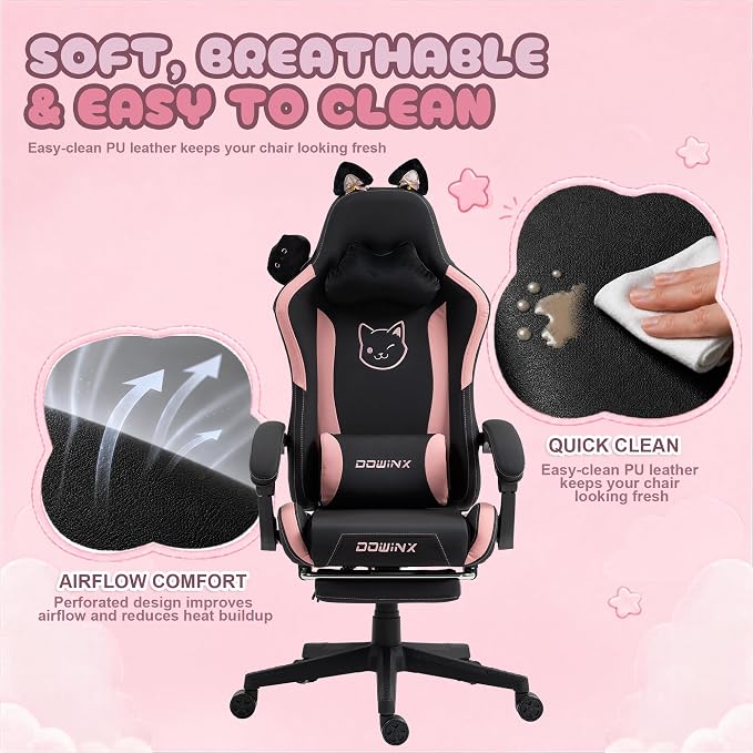 Dowinx Pink Gaming Chair with Cat Ears and Massage Lumbar Support, Ergonomic Computer Chair with Footrest and Headrest, Comfortable Reclining Game Chair 290lbs for Adults, Black