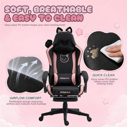Dowinx Pink Gaming Chair with Cat Ears and Massage Lumbar Support, Ergonomic Computer Chair with Footrest and Headrest, Comfortable Reclining Game Chair 290lbs for Adults, Black