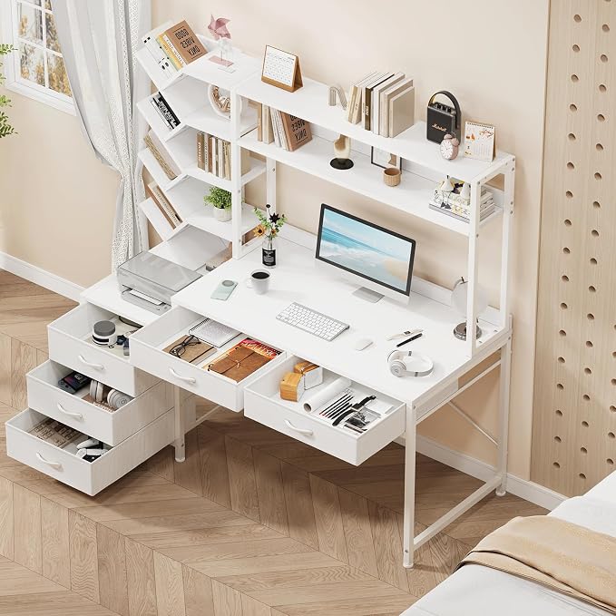YOMILUVE Reversible Computer Desk with Hutch, Home Office Desk with 5 Drawers and Bookshelf, 52'' Study Writing Desk with Storage Shelves for Bedroom Home Office, White