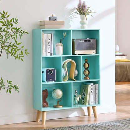 LEYAOYAO 7 Cube Bookshelf 3-Tier Bookcase with Legs, Mint-Green Kids Book Shelf Cute Storage Organizer, Toy Shelves Bookshelves,Wood Display Bookcases