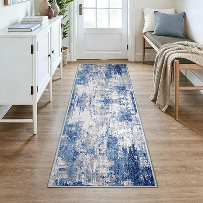RELEANY Washable Area Rugs 3x7 Non-Slip Modern Abstract Soft for Living Room Entryway Bedroom Kitchen, Print Pattern, Blue Grey Navy Gray