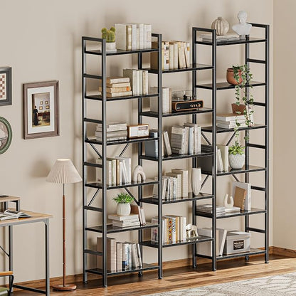 SUPERJARE Triple Bookshelf, Bookcase with 17 Open Display Shelves, Wide Book Shelf Book Case for Home & Office, 6 Tier, Black, ABC003B