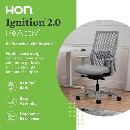 HON Ignition 2.0 ReActiv Ergonomic Office Chair, Mesh Desk Chair with Lumbar Support, Advanced Synchro‑Tilt, Height and Width Adjustable Arms, Swivel Wheels, Titanium Frame, Steel