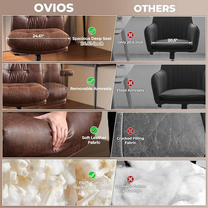 ovios Ergonomic Office Chair, High Back Faux Leather Executive Chairs with Thick Cushion, Comfy Mid-Century Modern Swivel Rolling Computer Armchair (Dark Brown, Suede Leather)