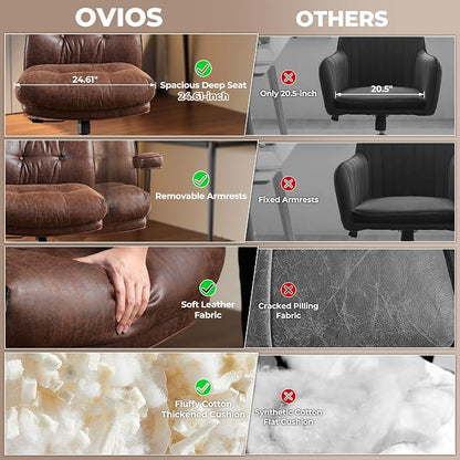 ovios Ergonomic Office Chair, High Back Faux Leather Executive Chairs with Thick Cushion, Comfy Mid-Century Modern Swivel Rolling Computer Armchair (Dark Brown, Suede Leather)