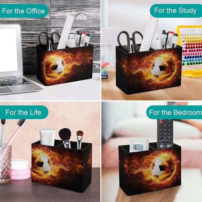Niapessel Pencil Holder for Desk, Burning Soccer Ball Pen Holder Storage Desktop Pen Organizer Desk Pencil Organizer Makeup Brush Holder for Office School College Leather
