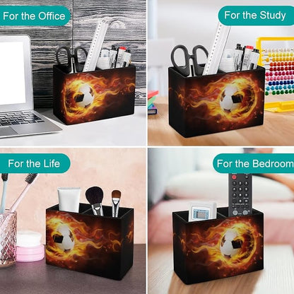 Niapessel Pencil Holder for Desk, Burning Soccer Ball Pen Holder Storage Desktop Pen Organizer Desk Pencil Organizer Makeup Brush Holder for Office School College Leather