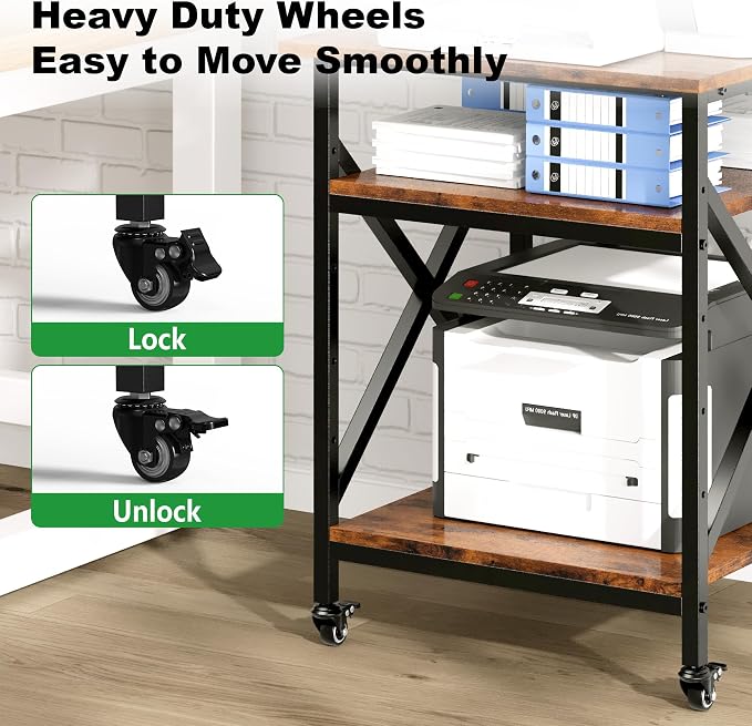 3 Tier Printer Stand, Large Table with Wheels, Rolling Cart with Height Adjustable Middle Storage Shelf, 23.6 x 23.6 x 30.3 Inches Shelf for Home Office, Vintage Brown