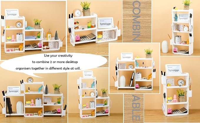 Lae Nuvole Desktop Organizer Shelf Stationery Organizer with Pen Holder Office Desktop Storage Rack Combinable Organization and Storage for Desk, Office, Countertop, Dorm (White, 2 Tier)