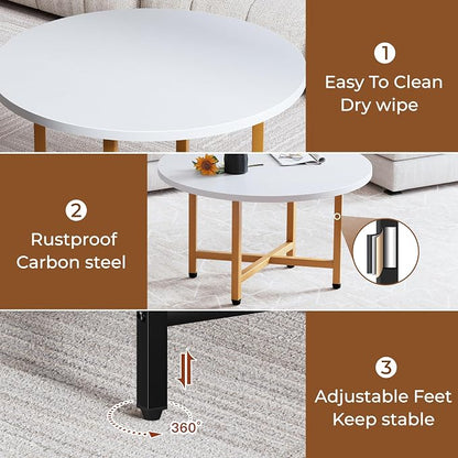 Coffee Table, 23.6" Small Coffee Tables, Gray Round Coffee Tables for Living Room, Floor Table for Sitting on The Floor, Center Coffee Table with Metal Frame for Office Apartment Home, Gold