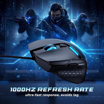Uineer Ergonomic Wired Gaming Mouse, RGB Programmable Mouse with 6 Macro Buttons, 7200 DPI Adjustable, Silent Click USB-A Computer Mouse for PC Gamer, Windows, Mac, Laptop