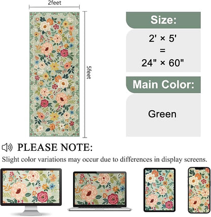 DUKINO 2x5 Runner Rug for Hallway, Washable Kitchen Floral Runner Rug with Non Slip Backing, Low Pile Soft Boho Carpet for Kitchen, Hallway, Entryway, Laundry, Bedroom, Green