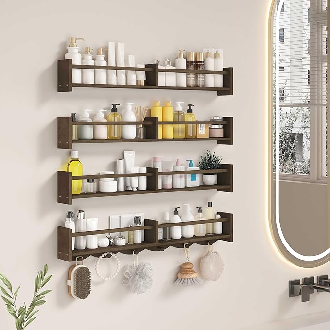 34Inch Nursery Bookshelves,Set of 4,Wall Floating Shelf Kids Coat Rack with 6Hooks,Hanging Book Shelf for Baby Nursery Room Décor (Dark Brown, 34)