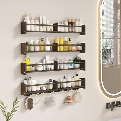 34Inch Nursery Bookshelves,Set of 4,Wall Floating Shelf Kids Coat Rack with 6Hooks,Hanging Book Shelf for Baby Nursery Room Décor (Dark Brown, 34)