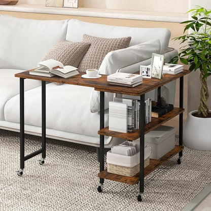 GOFLAME 360° Rotating Sofa Side Table, Mobile Couch Side End Table with 2-Tier Shelves, Swivel Rolling Desk w/Metal Frame, 6 Casters, Movable Laptop Table for Home Office, Patented, Rustic Brown