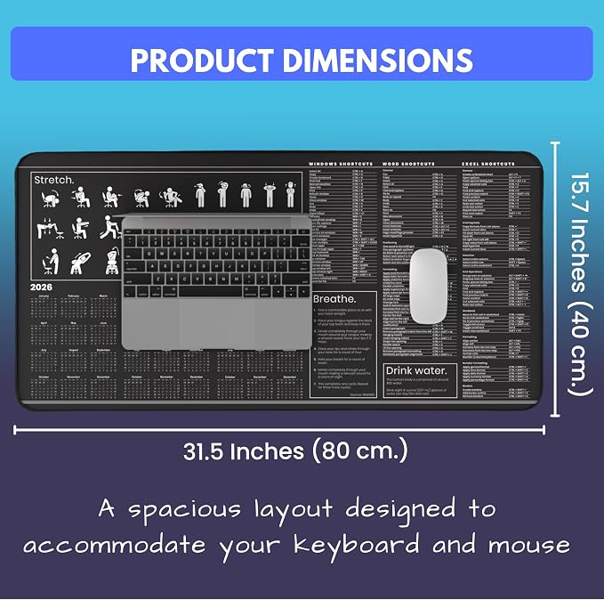 Productivity Desk Mat for Windows – Keyboard Shortcuts, Wellness Guide & 3-Year Calendar | XL Office Mouse Pad for Excel, Word & System Commands | Ergonomic Workspace Mat