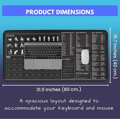 Productivity Desk Mat for Windows – Keyboard Shortcuts, Wellness Guide & 3-Year Calendar | XL Office Mouse Pad for Excel, Word & System Commands | Ergonomic Workspace Mat