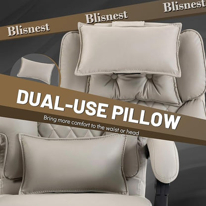 Massage Office Chair with Foot Rest,6 Points Vibration & Heat Executive Office Chairs,Big and Tall Office Chair 500LBS,Ergonomic Desk Chair for Heavy People,Recliner with Dual-Use Pillow,Beigepu