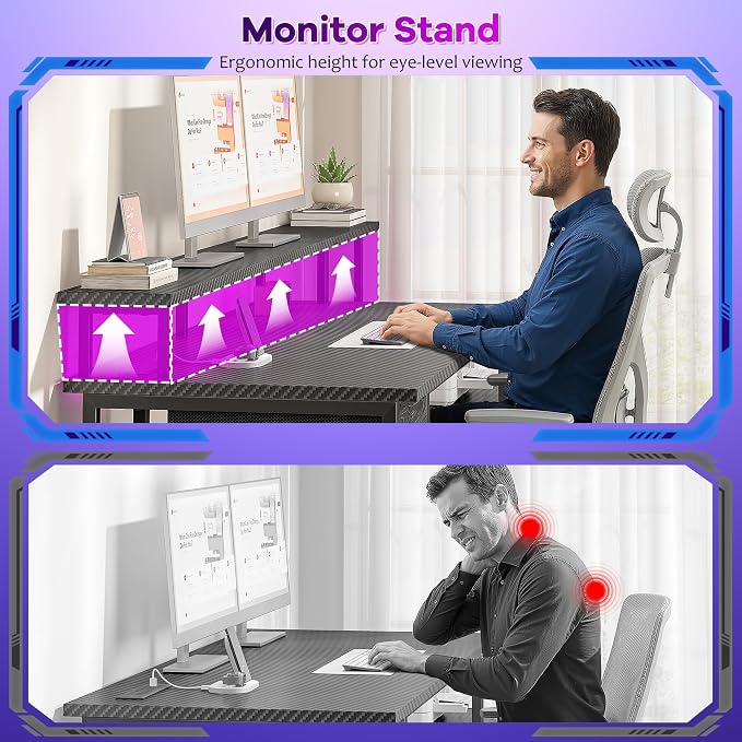 Black Gaming Desk With RGB Lights and 3 AC Power Outlets,Office Computer Desk with 55" Long Monitor Stand,18"Ample Printer Space,Storage Drawer and File Shelves,Study Desk,Bedroom Writing Desk