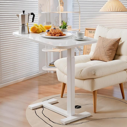 Simple Deluxe Overbed Bedside Table with Hidden Casters, Adjustable Hospital & Home Use Bed Table, Rolling Laptop Table, Movable Standing Desk, White