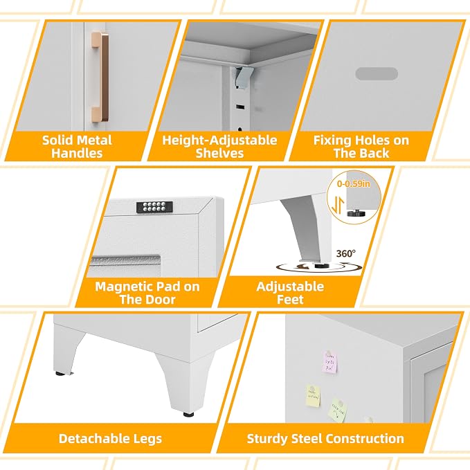 67"H White Metal Locker with 1 Lockable Door and 4 Adjustable Shelves For Employees, 5 Tier Small Storage Cabinet with Detachable Legs and Vintage Handle for Kitchen,Office,Gym,School,Easy Assembly