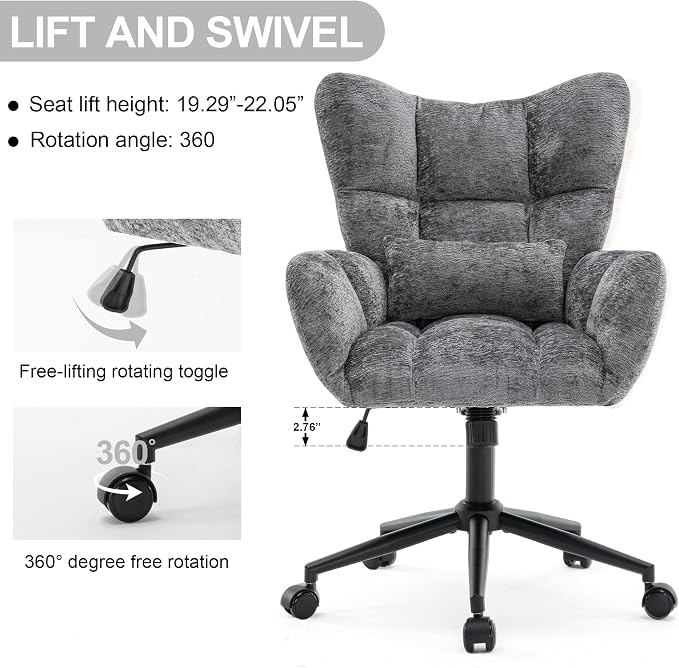 Home Office Desk Chair, Modern Tufted Chenille Vanity Chair, Adjustable Upholstered Swivel Computer Chairs for Bedroom, Living Room，Grey