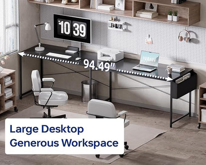 Pamray 64.5 Inch Reversible L Shaped Gaming Desk Large Corner Computer Desk with Storage Bag Home Office Table for Writing Study Marble