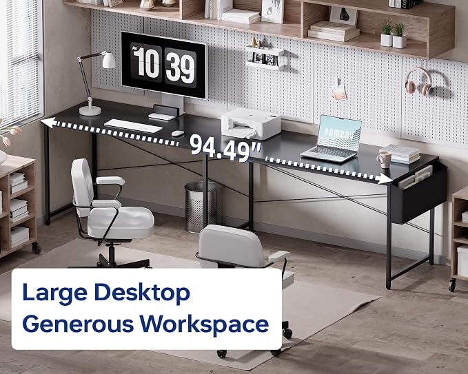 Pamray 64.5 Inch Reversible L Shaped Gaming Desk Large Corner Computer Desk with Storage Bag Home Office Table for Writing Study Vintage