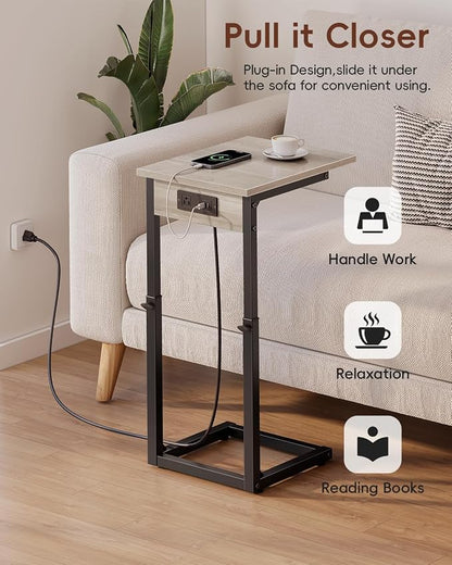 Vagusicc C Shaped End Table with Charging Station, Adjustable Height Side Table for Couch, C Table End Table Couch Table that Slide Under, Sofa Table TV Tray Arm Tables for Living Room, Bedroom, Gray